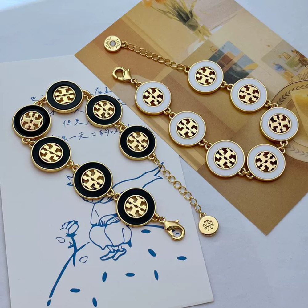 Tory Burch Enamel Inlaid Letter Round Metal Bracelet